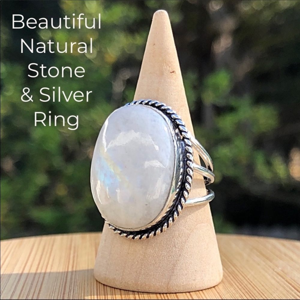 Sterling silver, triple band moonstone ring.